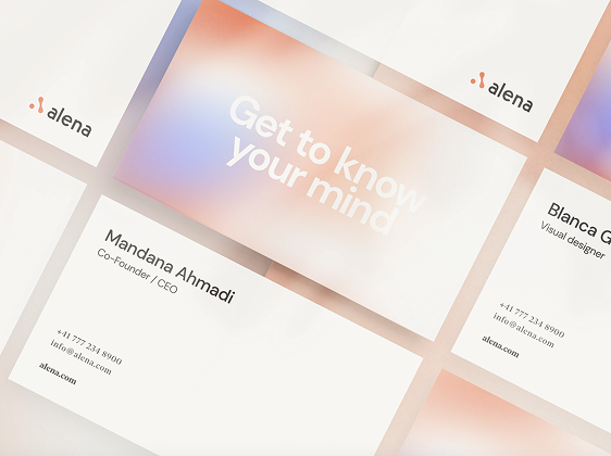 alena — isometric business cards: logo wordmark, Get to know your mind gradient card, and team contact cards on neutral surface