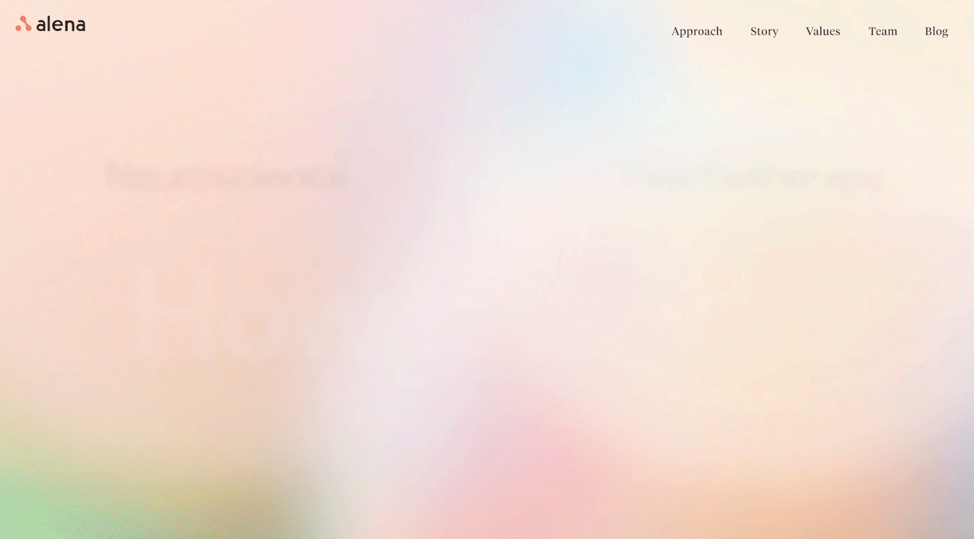 alena — website hero with soft pastel gradient, navigation, and blurred Neuroscience headline; animated color shift