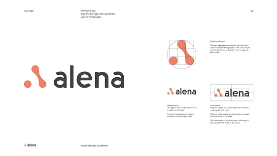 alena brand guidelines — primary logo with wordmark, grid construction, minimum size, and clear space