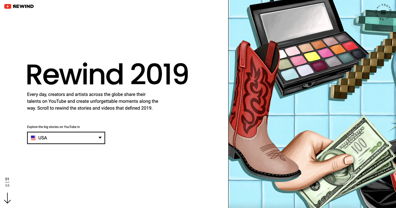 YouTube Rewind 2019 landing page — split layout: Rewind 2019 headline, intro copy, USA region dropdown, and illustrated collage with cowboy boot, makeup palette, Minecraft pickaxe, and fan of cash on a tiled blue background