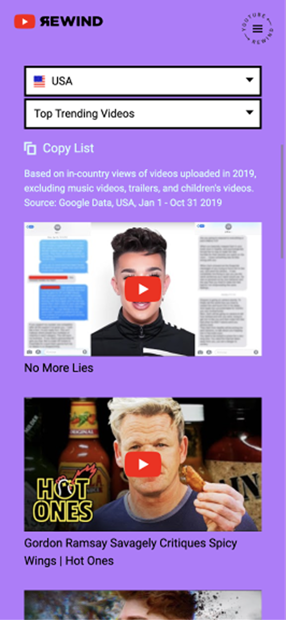 YouTube Rewind mobile — purple screen: USA and Top Trending Videos dropdowns, Copy List, methodology note, and vertical list of 2019 trending video thumbnails including No More Lies and Gordon Ramsay Hot Ones