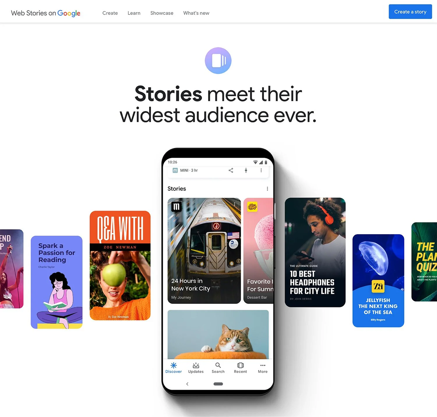 Web Stories on Google — hero: Stories meet their widest audience ever, centered phone with Discover story rail, and fanned Web Story cards behind (reading, Q&A, headphones, jellyfish, and more)