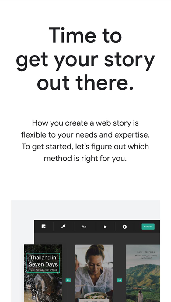 Web Stories — What makes a great story: subheading on shared principles, with a row of mobile story mockups including a beauty tutorial frame with progress bars and close control