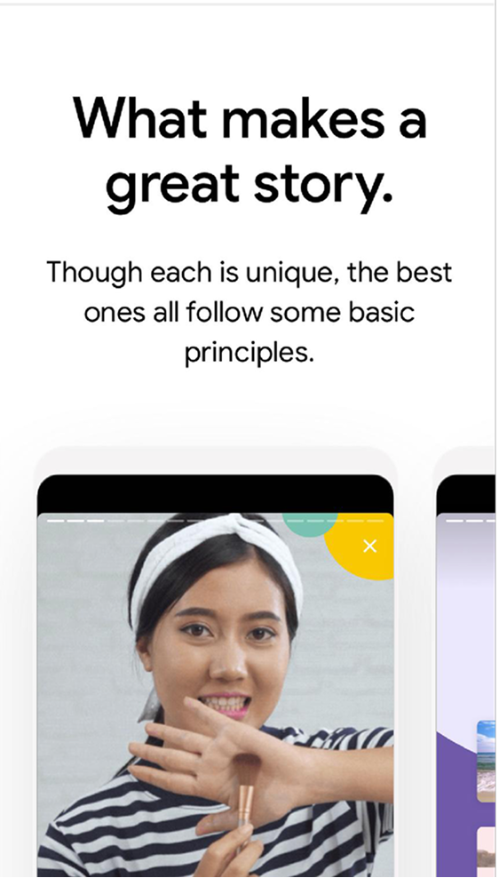 Web Stories — Time to get your story out there: copy on flexible creation methods, and editor mockup with toolbar, green Export, and three vertical story panels with transition chevrons