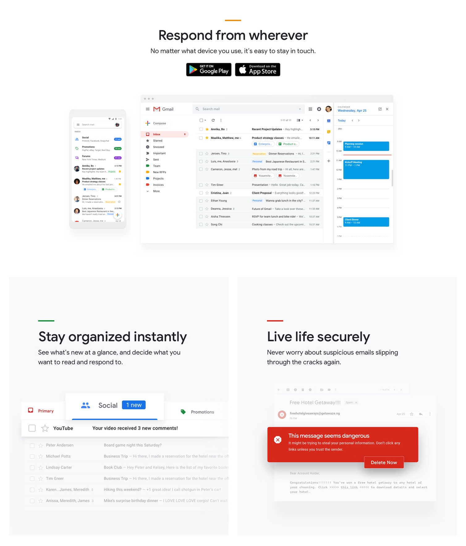 Gmail features — Respond from wherever with app store badges and phone plus desktop mockups; Stay organized instantly with tabbed inbox; Live life securely with phishing warning and Delete Now banner