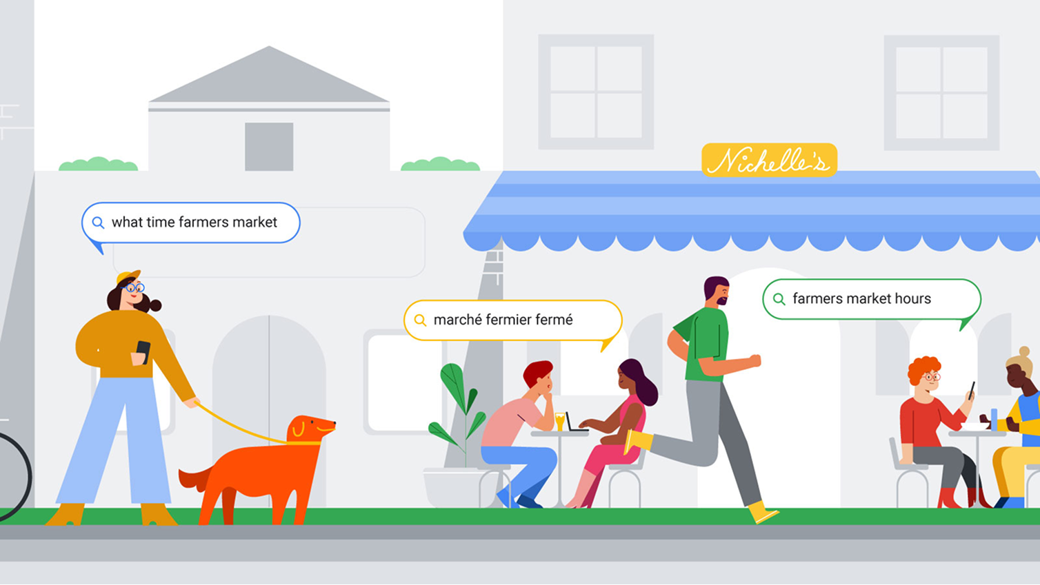 Flat illustration — city sidewalk with cafés and Nichelle's storefront; people walking, jogging, and at tables; floating search bubbles for farmers market queries in English and French