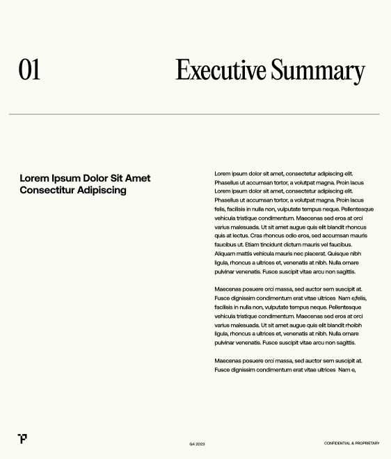 Executive Summary — document layout with 01, headline, two-column body, and footer