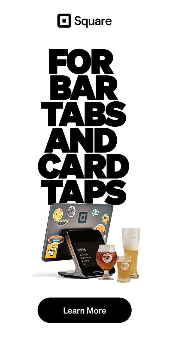 Square F&B vertical ad — For bar tabs and card taps; Register with Benny Boy Brewing glassware and Learn More