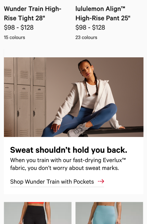 Product listings for Wunder Train and Align tights; Everlux feature — Sweat shouldn't hold you back; shop Wunder Train with Pockets