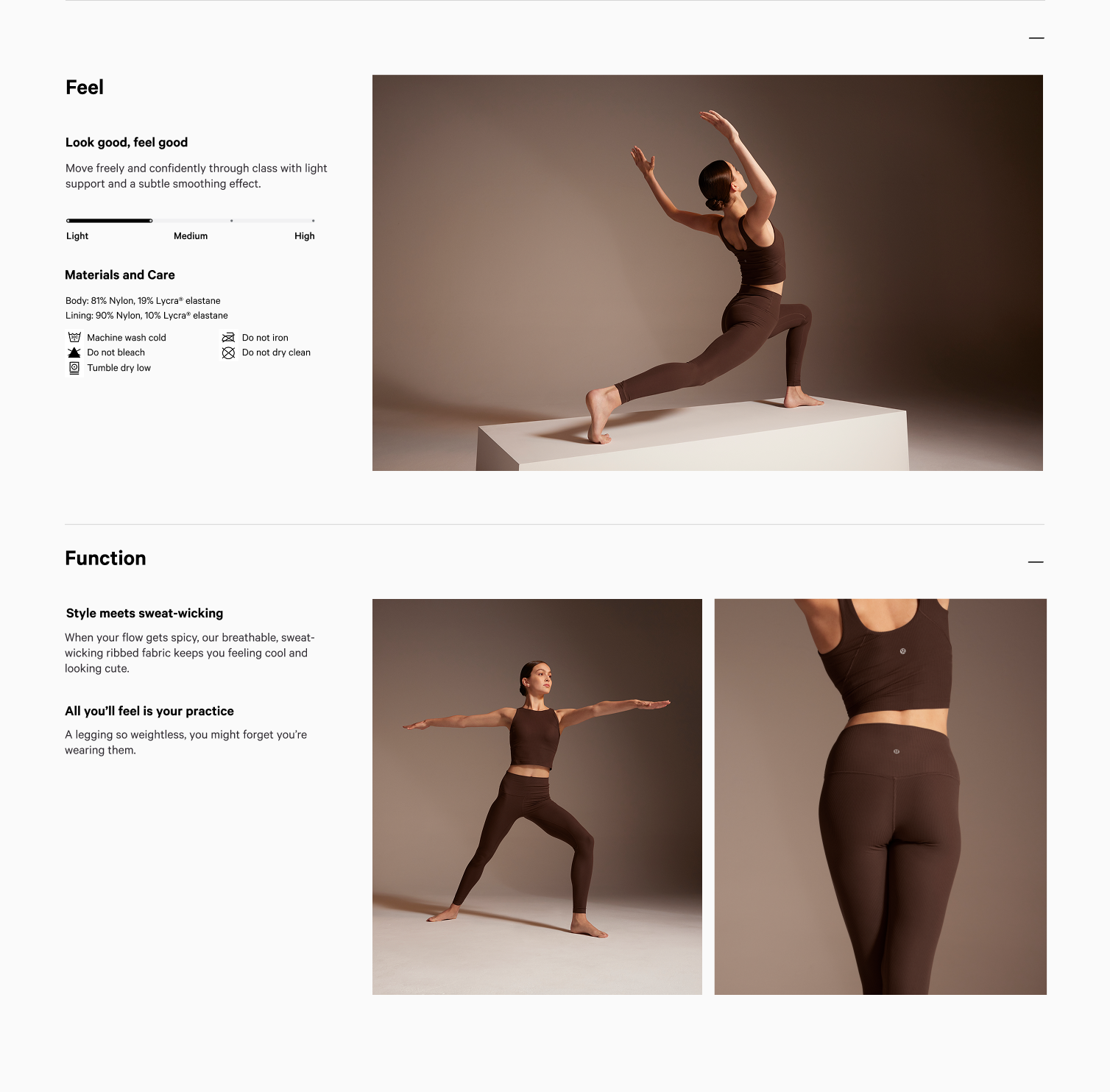lululemon product detail — Feel and Function sections with support slider, materials and care, and lifestyle photography in ribbed brown set