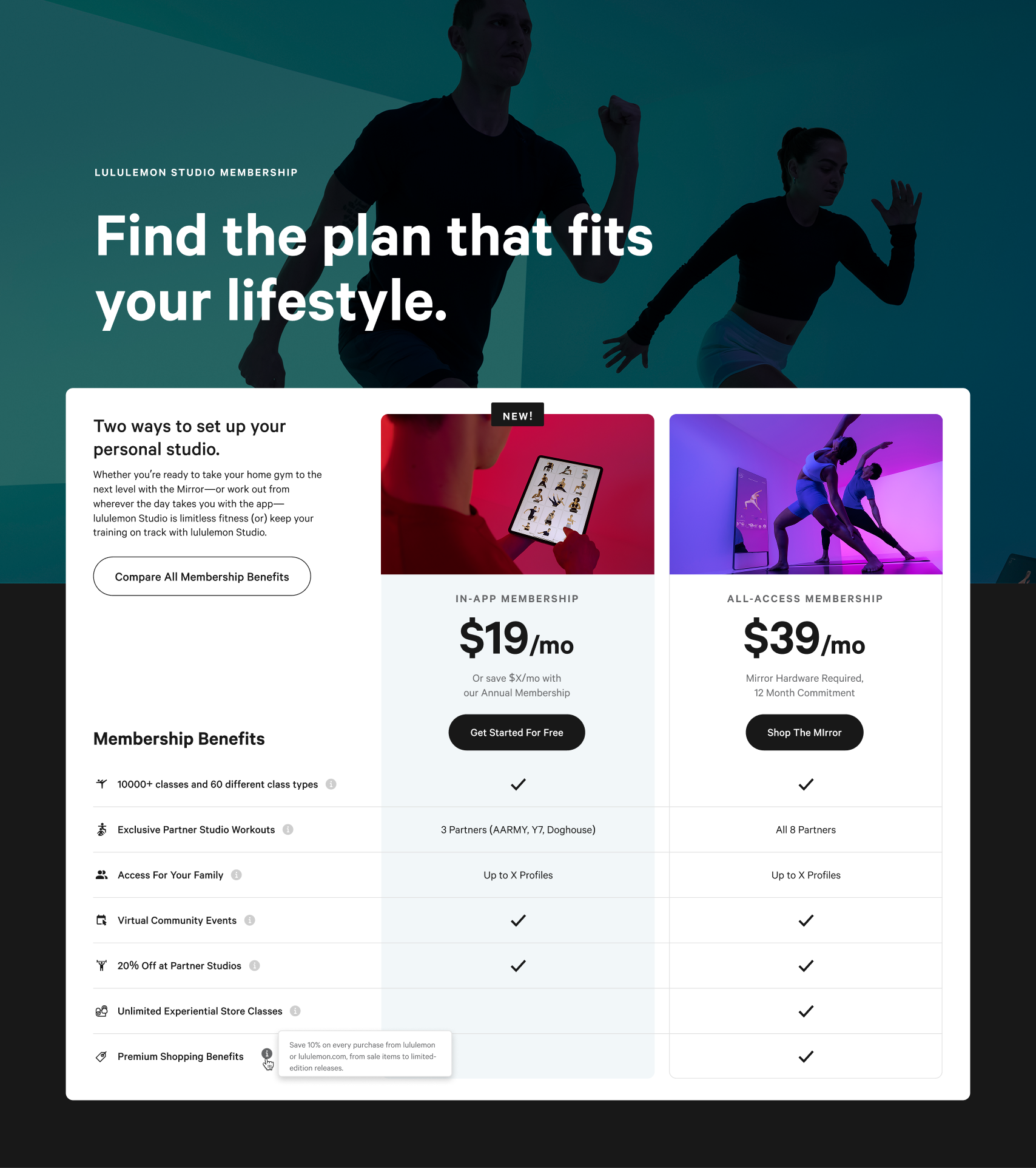 Lululemon Studio Membership — Find the plan that fits your lifestyle; two ways to set up your personal studio with In-App and All-Access pricing cards and membership benefits comparison