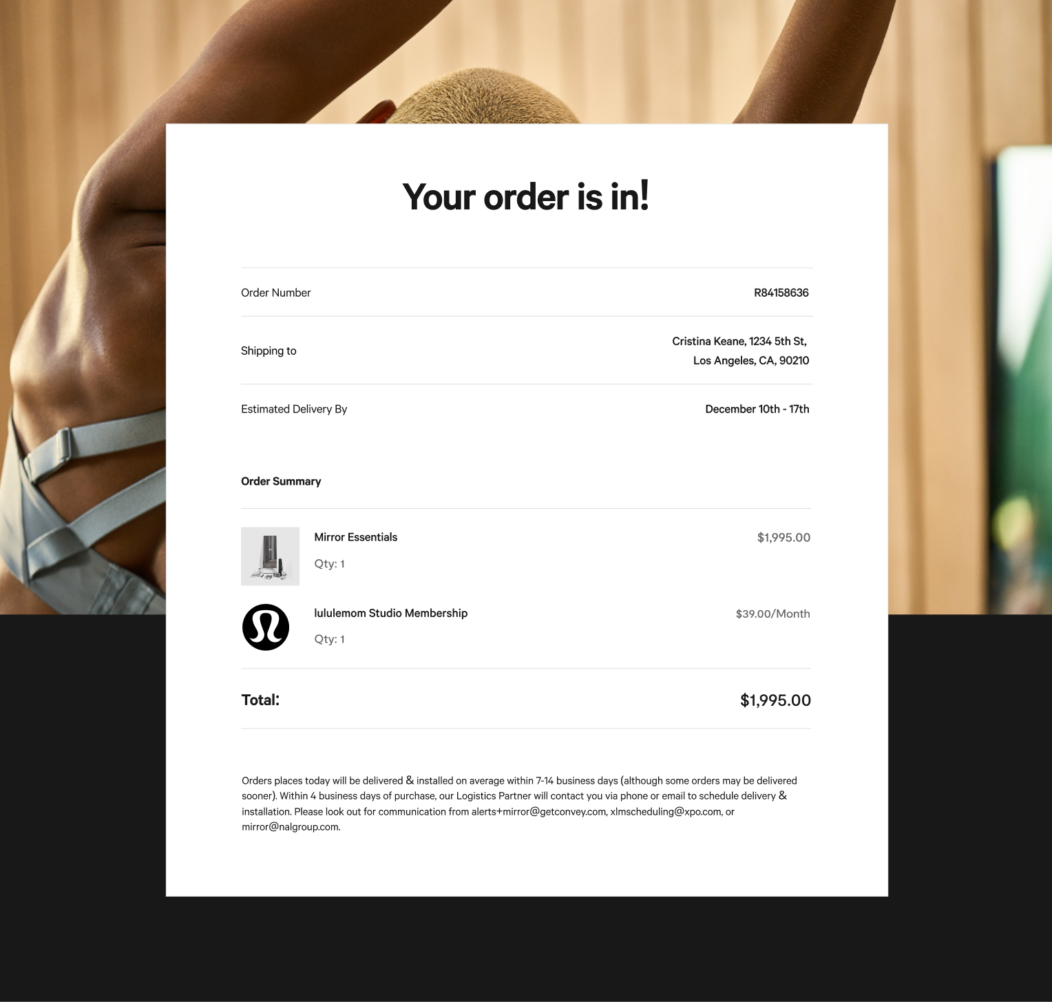 Your order is in — Mirror Essentials and lululemon Studio Membership order summary with shipping to Los Angeles and estimated delivery