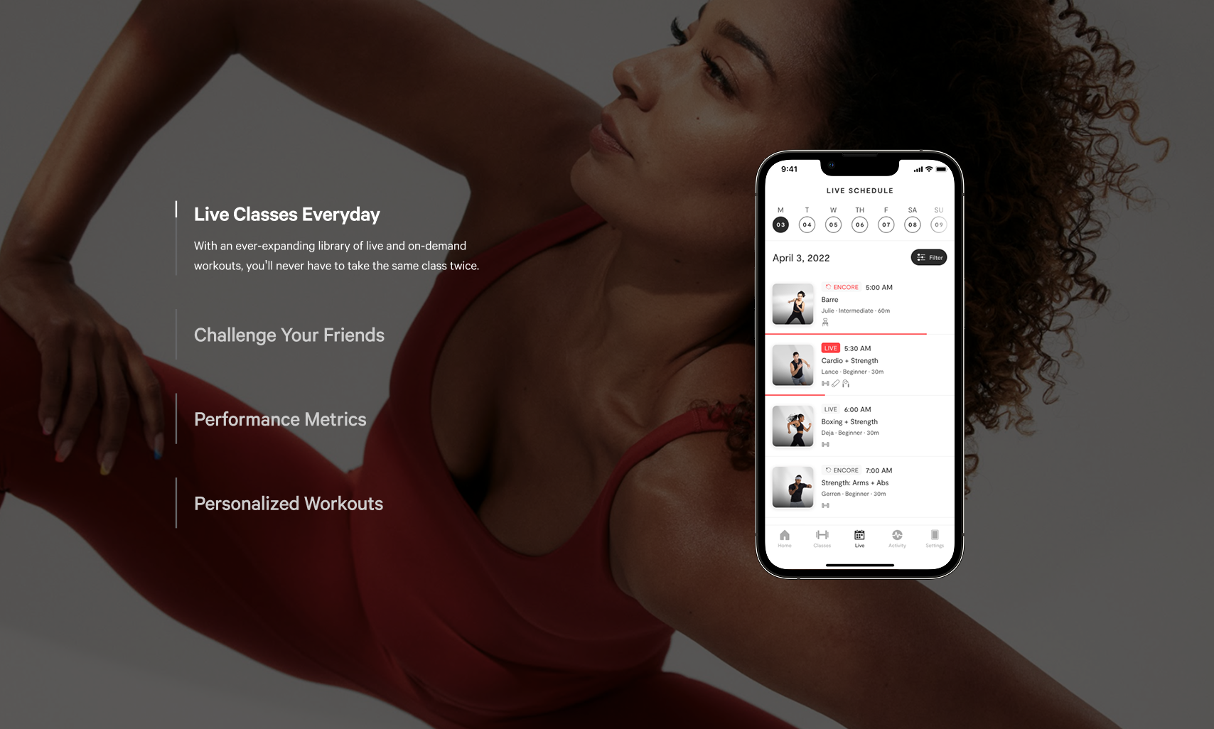 Live classes feature — woman training; copy on live and on-demand workouts; phone mockup with live schedule for April 2022