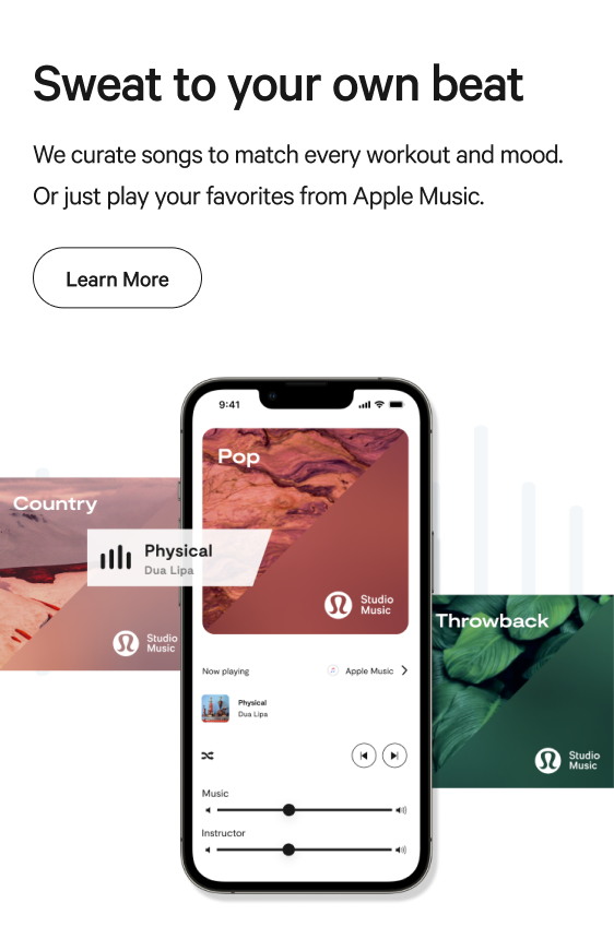 Sweat to your own beat — curated songs for every workout; Apple Music; Country, phone player, and Throwback cards
