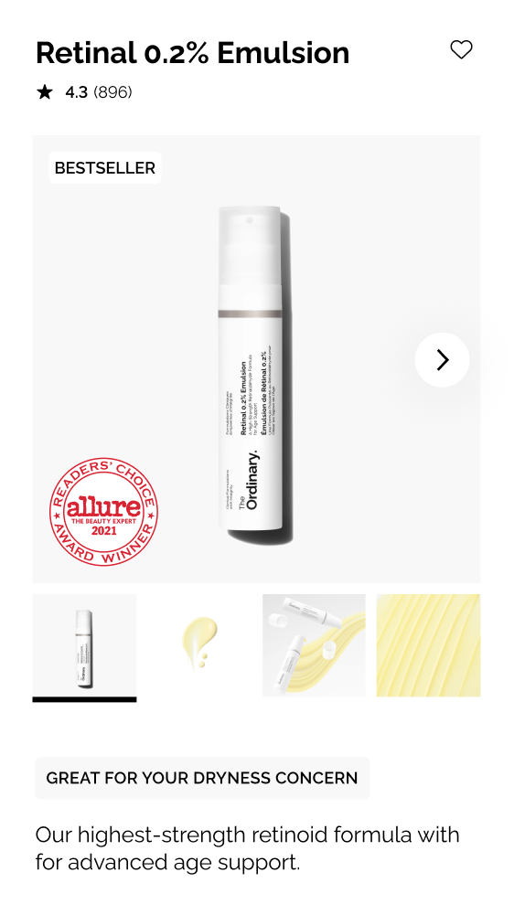 The Ordinary mobile product page — Retinal 0.2% Emulsion with gallery thumbnails, bestseller badge, concern tag, and description