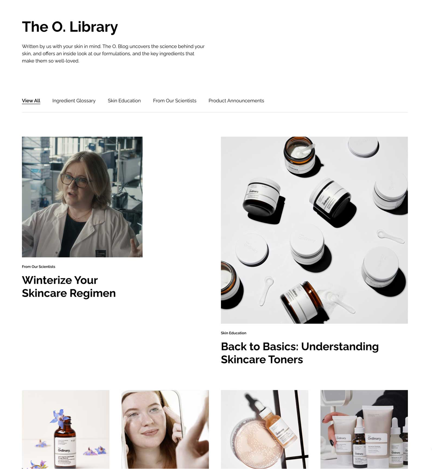 The O. Library — editorial hub with category nav, featured articles Winterize Your Skincare and Back to Basics toners, and article grid