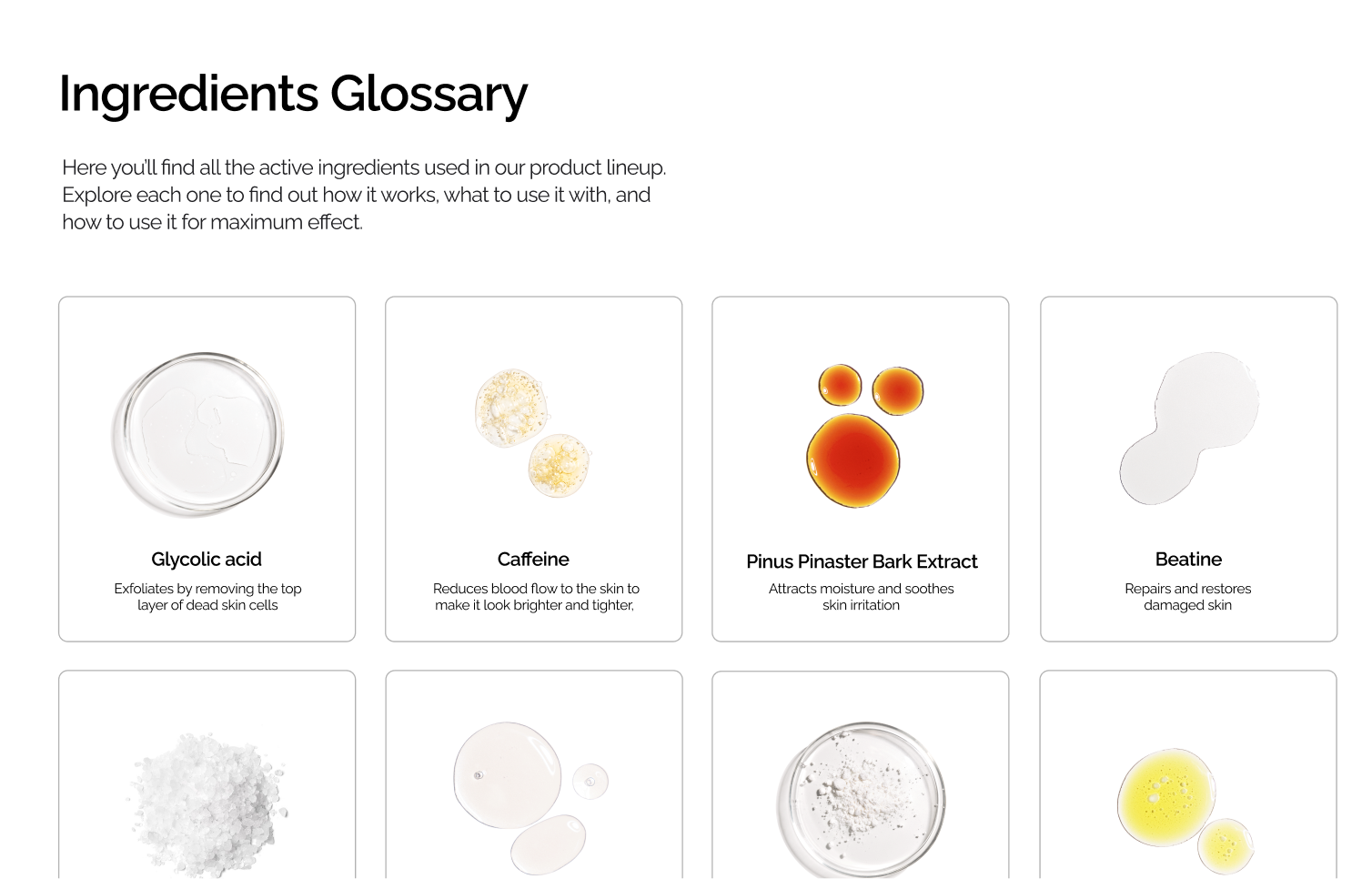 The Ordinary Ingredients Glossary — ingredient cards with macro photography for Glycolic acid, Caffeine, Pinus Pinaster bark extract, Betaine, and short functional descriptions