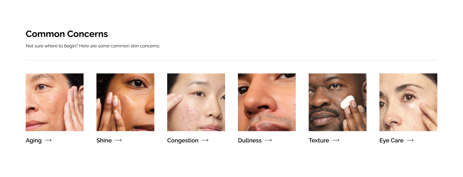 Common Concerns — six skin concern tiles: Aging, Shine, Congestion, Dullness, Texture, and Eye Care with labels and arrows
