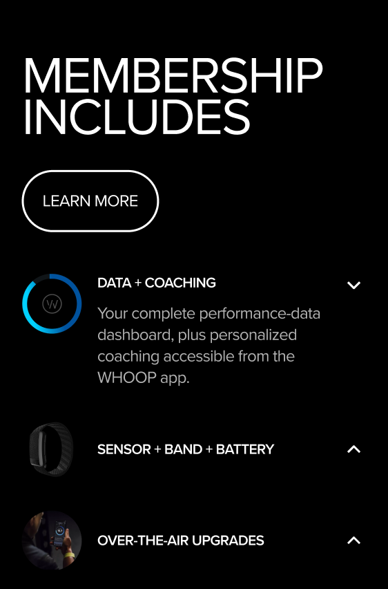 WHOOP membership includes — app UI with feature accordion